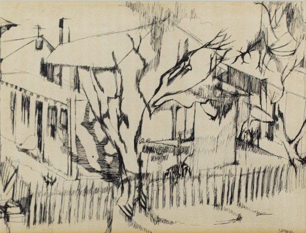 House With Fence And Trees by Ellen Samberg