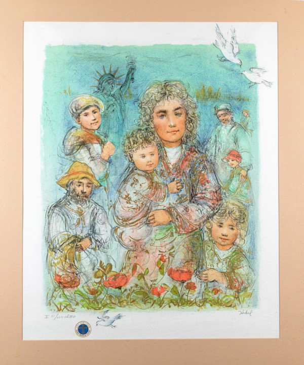 Untitled (Family, Statue Of Liberty And Doves) by Edna Hibel