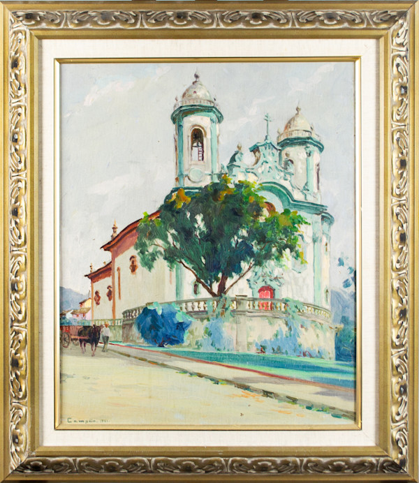 Street Scene With Church And Man With Donkey Cart by Hose Marques Campao