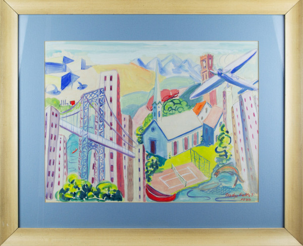 City Scape With Bridge And Airplane by Gladys Pullas