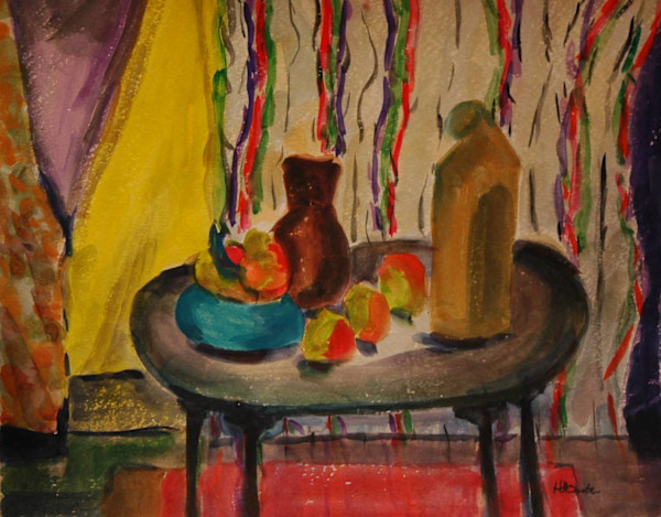 Still Life Of Bottles And Fruit On Table by Helen Barth