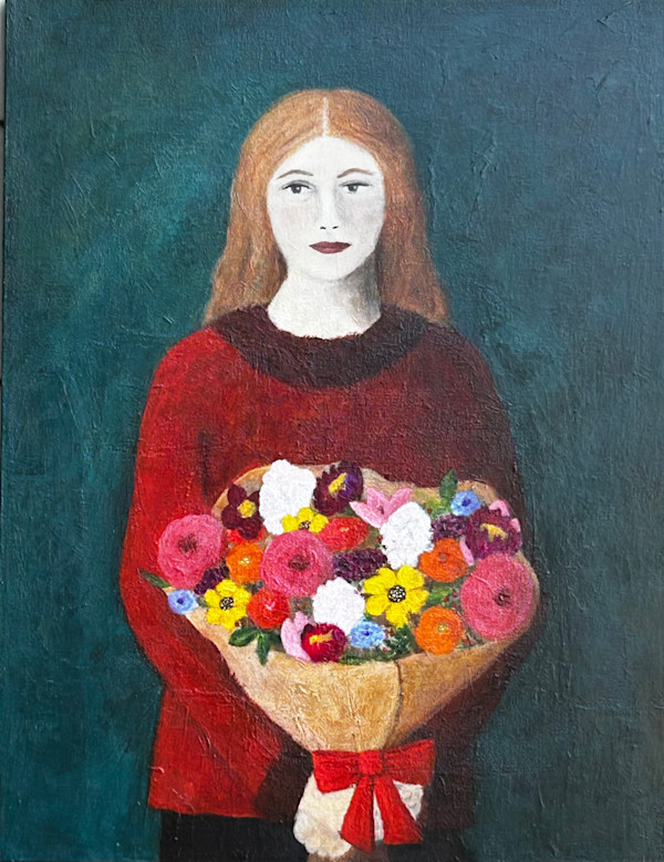 Woman Holding Bouquet with Orange Bow by Zue Stevenson