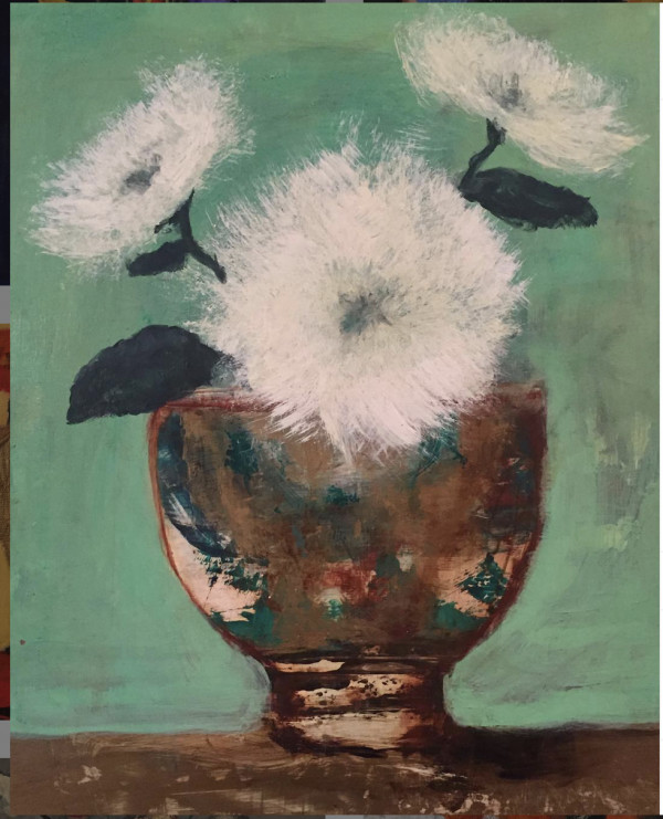 Bronze Vase with Three White Flowers
