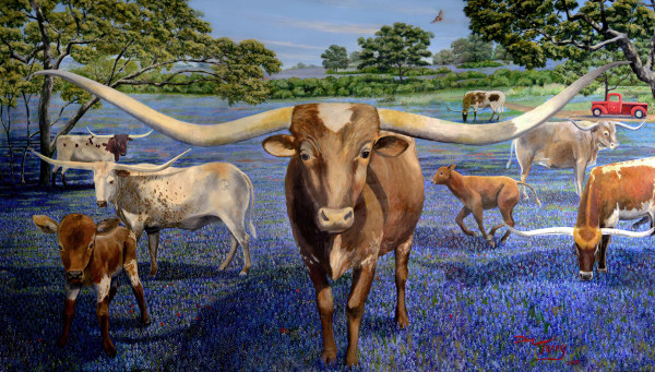 Longhorns in Bluebonnets 18x30 from original mural Proof 2