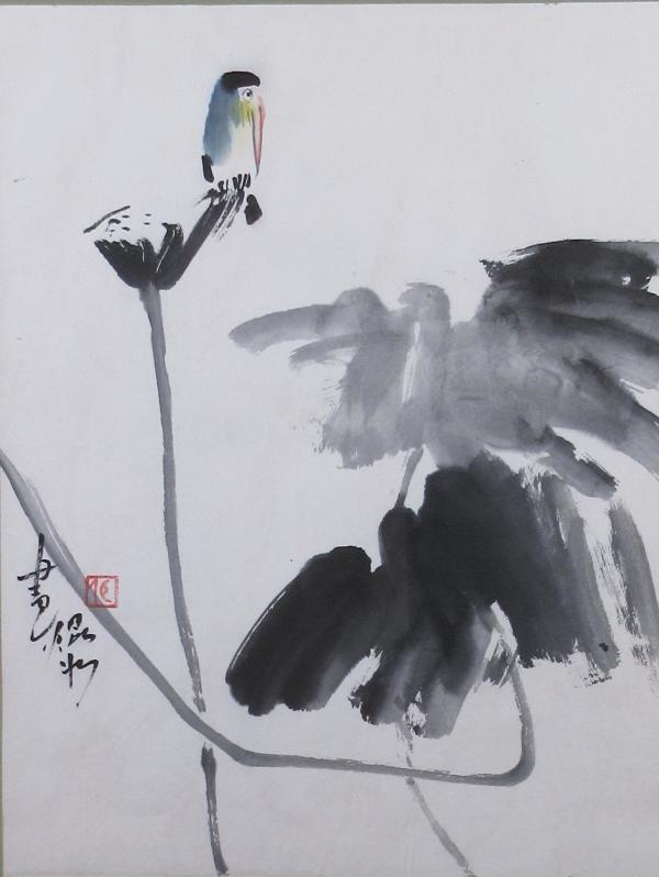 Kingfisher on Lotus Pod overlooking Leaves by Kwan Y. Jung