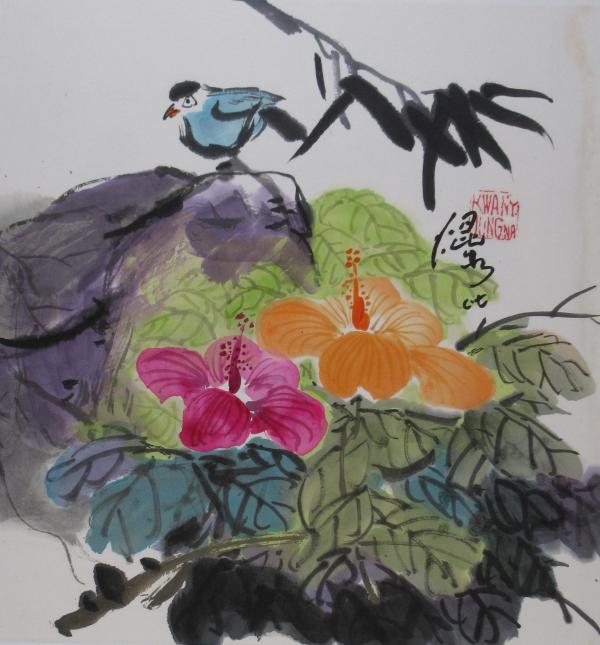 Hibiscus and Blue Bird by Kwan Y. Jung