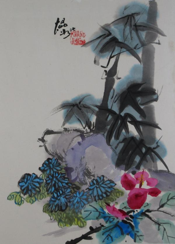 Blue Bamboo, Flowers and Pink Hibiscus by Kwan Y. Jung