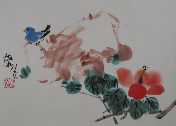 Hibiscus with Rock and Blue Bird by Kwan Y. Jung