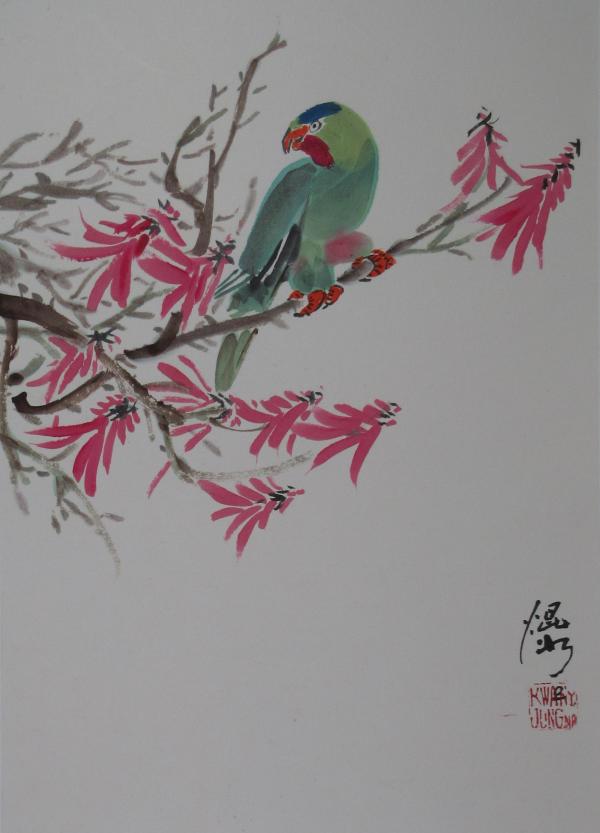 Blue Crowned Lory and Coral Tree by Kwan Y. Jung