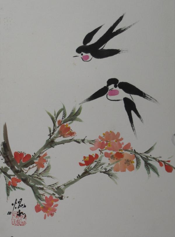 Swallow Bird and Peach Flower by Kwan Y. Jung