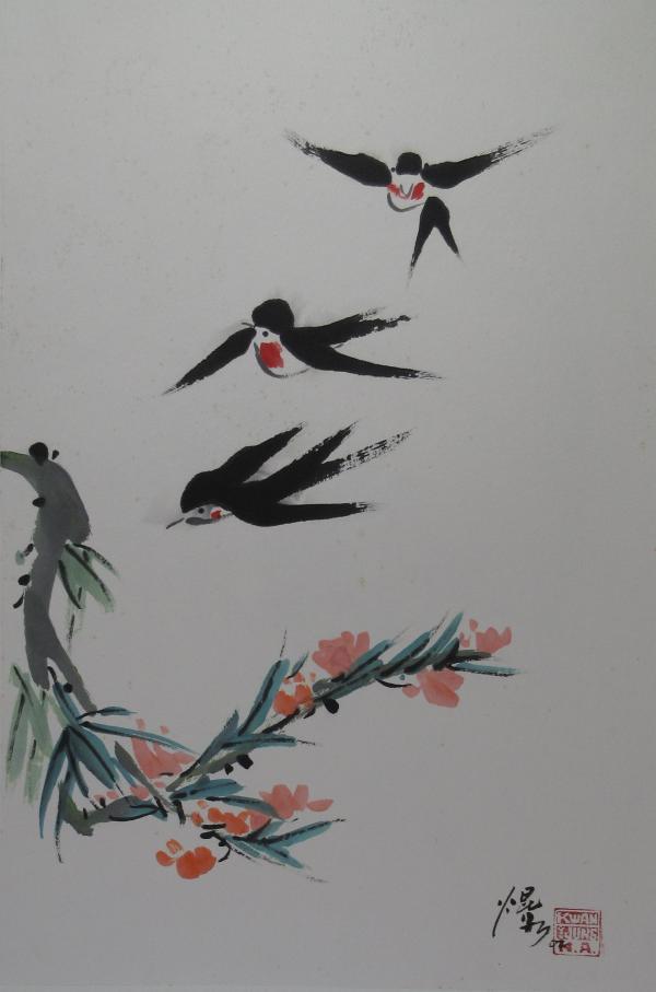 Swallow Birds and Peach Flower by Kwan Y. Jung