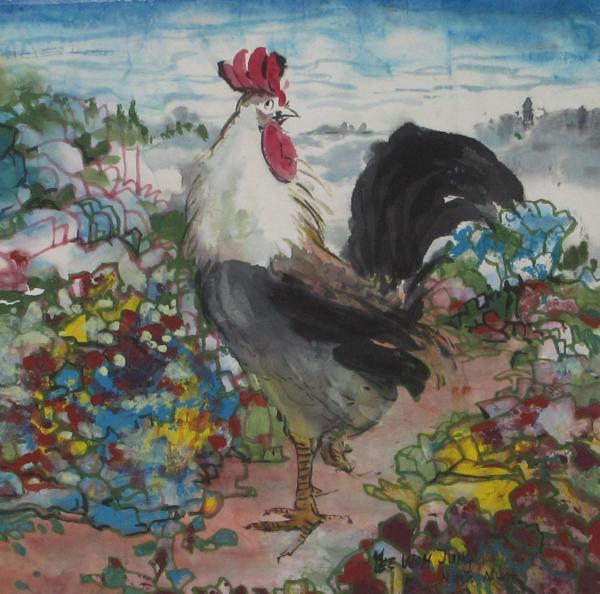 Rooster Eyeing Flowers by Yee Wah Jung
