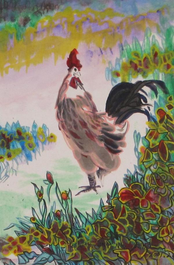 Rooster Among Flowers by Yee Wah Jung