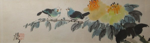 Two Blue Birds and Two Peonies by Kwan Y. Jung