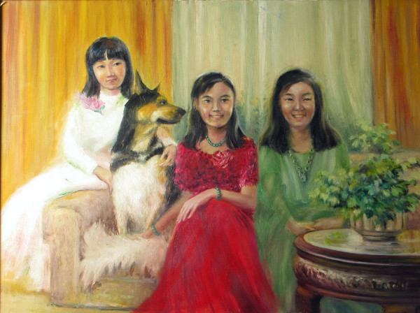 Portrait of Daughters and Dog by Yee Wah Jung Attributed