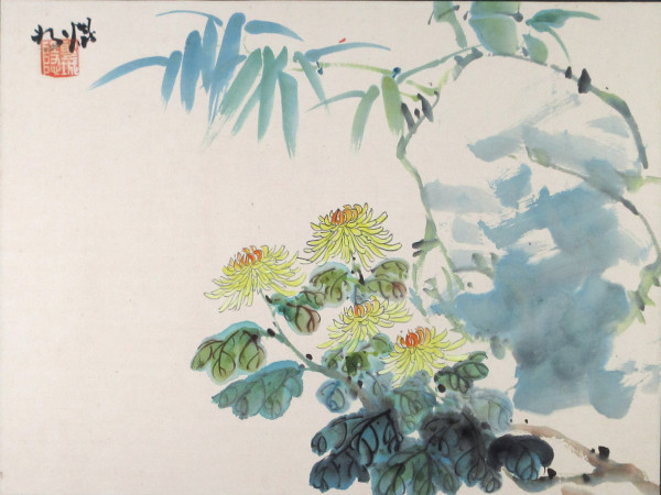 Blue Bamboo and Yellow Chyrsanthemums by Kwan Y. Jung