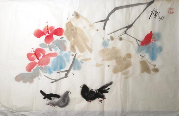 Pigeons and Hibiscus by Kwan Y. Jung