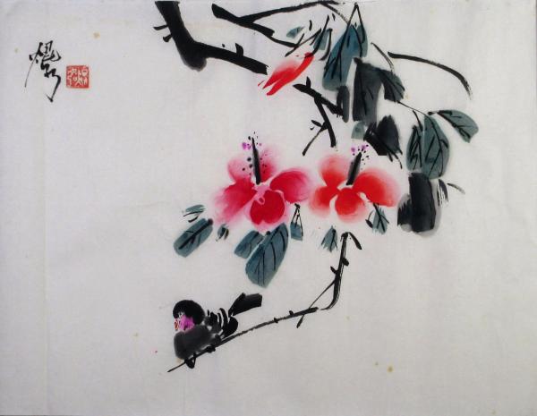 Bird Under Hibiscus by Kwan Y. Jung