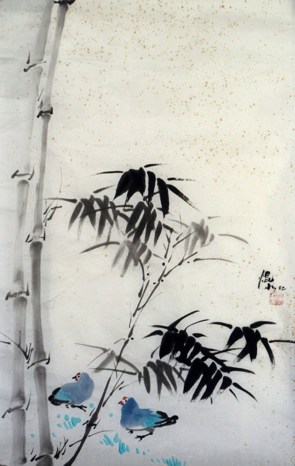 Two Blue Birds and Bamboo by Kwan Y. Jung