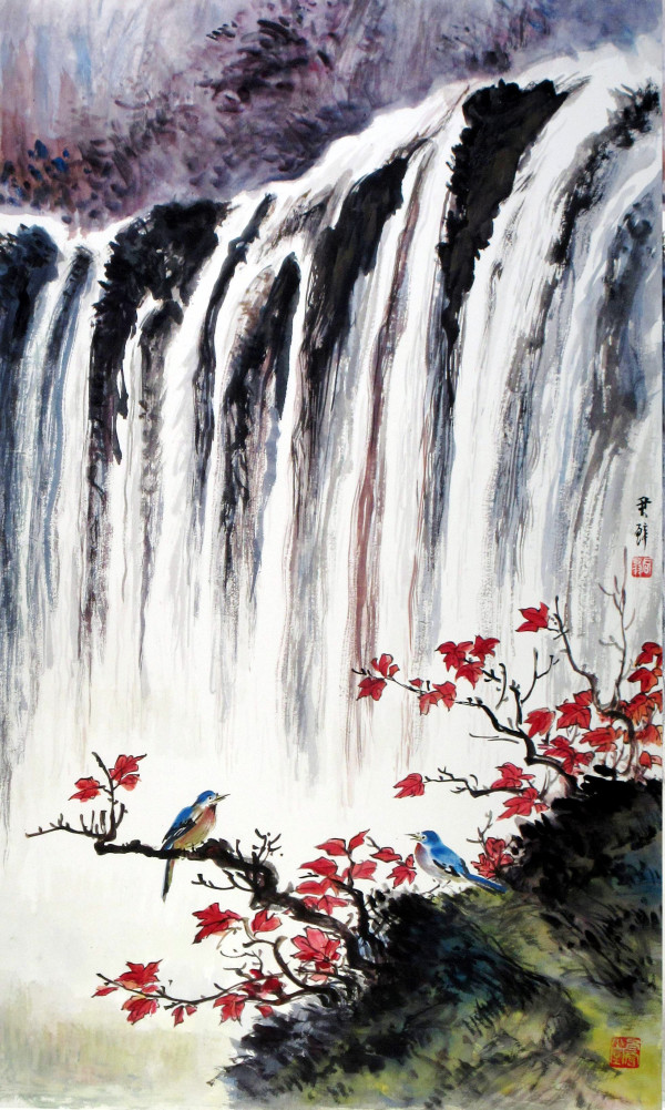 Birds, Red Leaves and Waterfall by Not Identified
