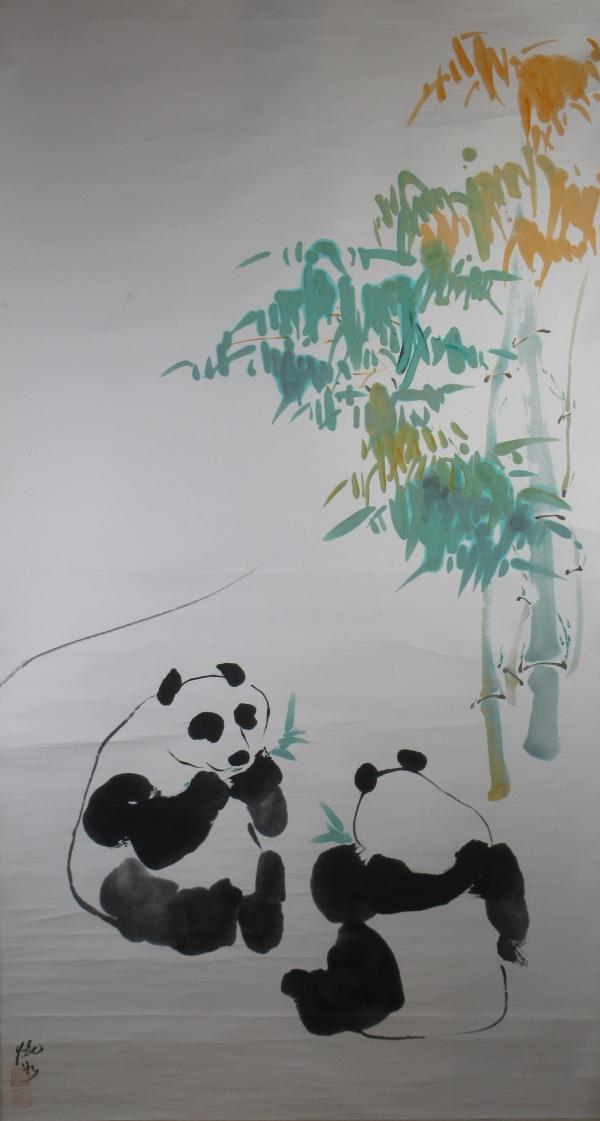 Pandas, Orange and Green Bamboo by Kwan Y. Jung