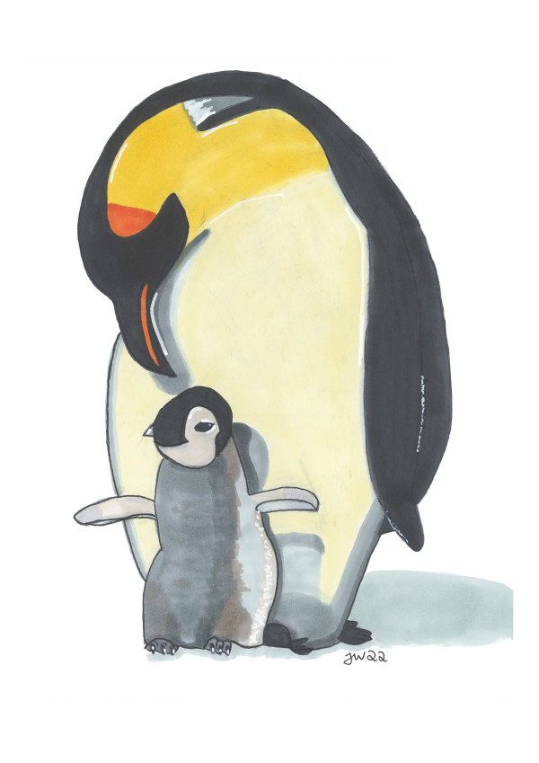 Penguin mum and chick by Jenny Wood