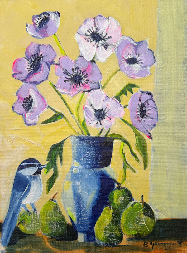 Still Life Anemones with Bird by Bernadette Youngquist