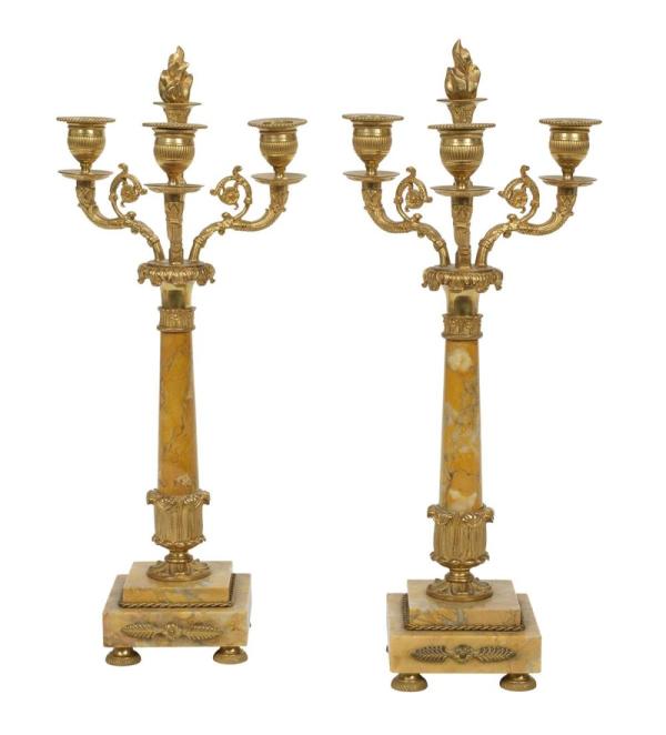 Pair of Empire-Style Gilt-Bronze and Marble Candelabra