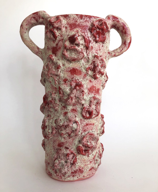 Crusty red and pink urn by Lynn Basa