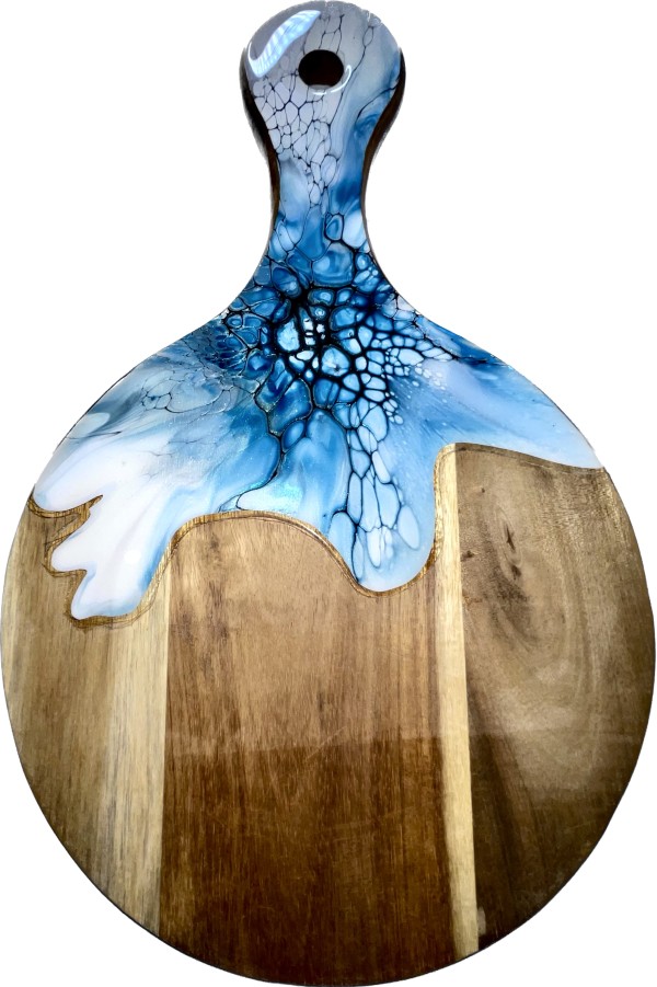 Icy Blue 10” Medium Round Charcuterie Board by Pourin’ My Heart Out - Fluid Art by Angela Lloyd