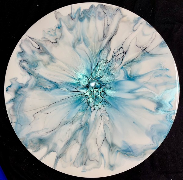 Icy Blue 20” Wood Round by Pourin’ My Heart Out - Fluid Art by Angela Lloyd