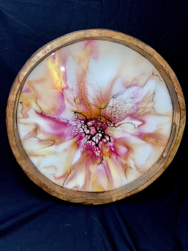 Cranberry Bliss, 17”  Wood Platter by Pourin’ My Heart Out - Fluid Art by Angela Lloyd