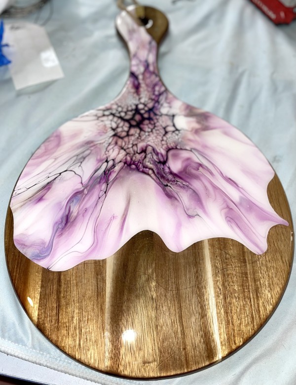 Chrysanthemum, large, round charcuterie by Pourin’ My Heart Out - Fluid Art by Angela Lloyd
