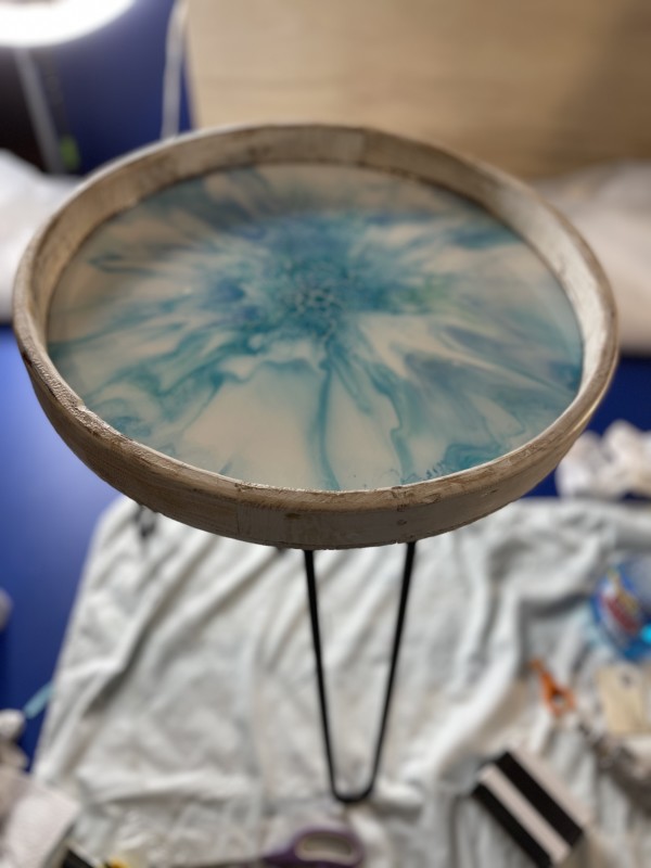 Ocean Side, 17” Round Table by Pourin’ My Heart Out - Fluid Art by Angela Lloyd