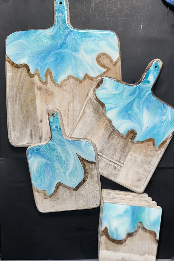 Ocean Side 4 Piece Charcuterie Set by Pourin’ My Heart Out - Fluid Art by Angela Lloyd