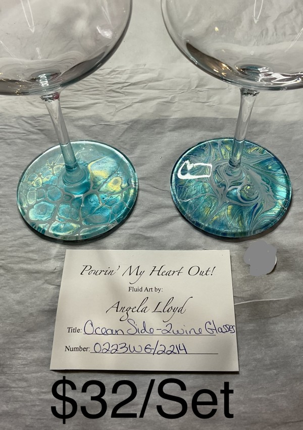 Ocean Side – 2 Wine Glasses by Pourin’ My Heart Out - Fluid Art by Angela Lloyd