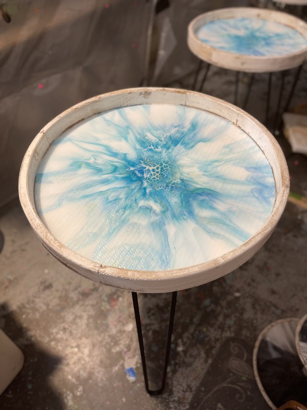 Ocean Side, 18”  Round Table by Pourin’ My Heart Out - Fluid Art by Angela Lloyd