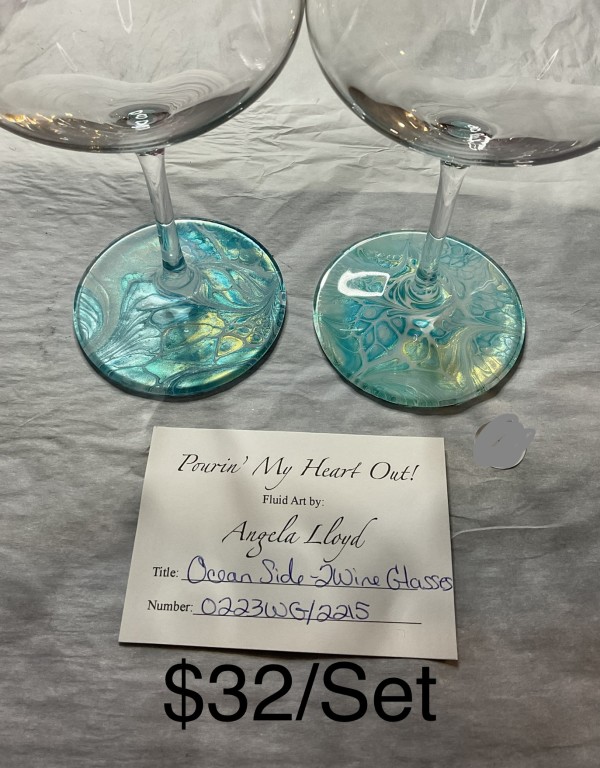 Ocean Side- 2 Wine Glasses by Pourin’ My Heart Out - Fluid Art by Angela Lloyd
