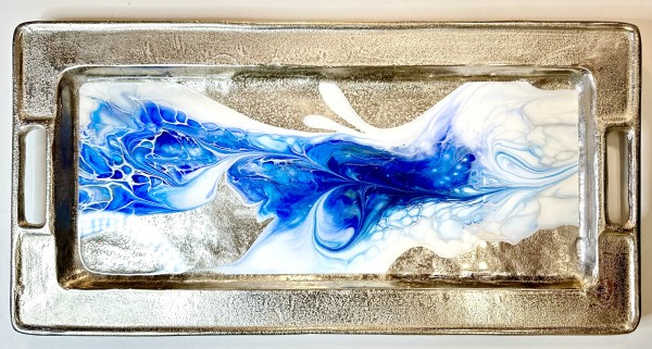 Tekhelet 24” Silver Tray by Pourin’ My Heart Out - Fluid Art by Angela Lloyd