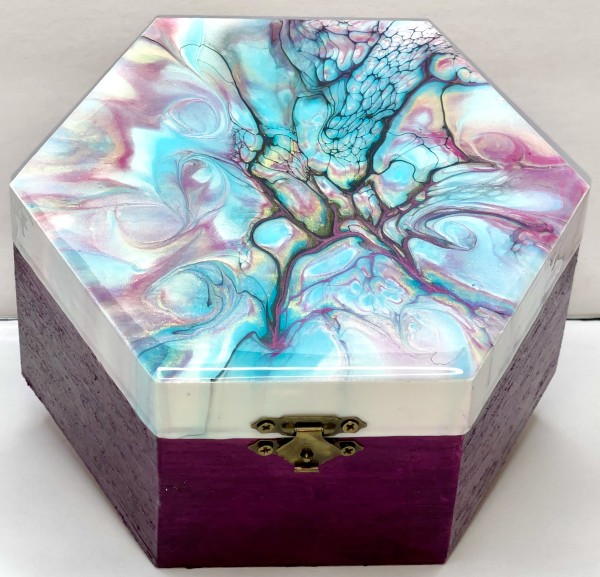 Untitled - Pink, Turquoise, and Gold Medium Wooden Jewelry Box by Pourin’ My Heart Out - Fluid Art by Angela Lloyd