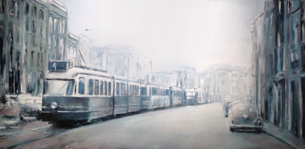 Tram in city by Oscar Spierenburg