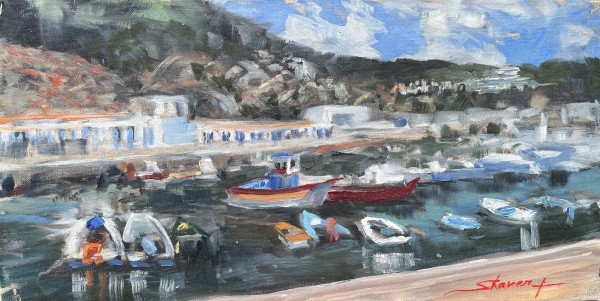 Plein Sesimbra Harbor Boats by Sharon Rusch Shaver