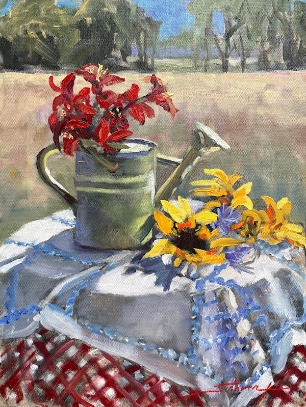 Plein Landscape With Flowers by Sharon Rusch Shaver