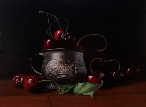 Cherries, leaf and silver cup by Peter Thomas Foster