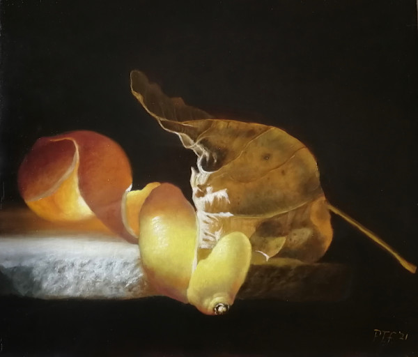 Lemon and dry leaf on marble by Peter Thomas Foster