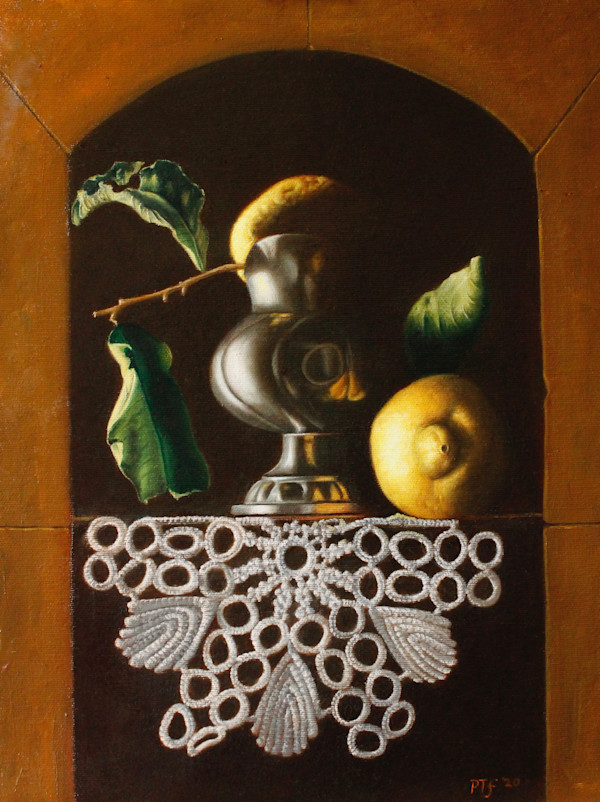 Lemons, pewter vase and lace by Peter Thomas Foster