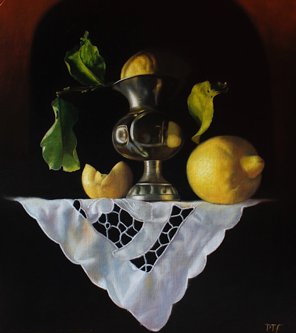Lemons, pewter vase and white cloth by Peter Thomas Foster