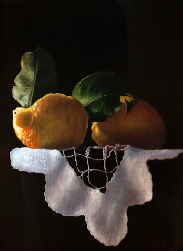 Lemons, leaves and white cloth by Peter Thomas Foster