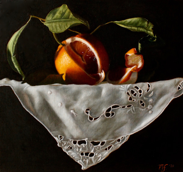 Orange on a ledge with white lace cloth by Peter Thomas Foster