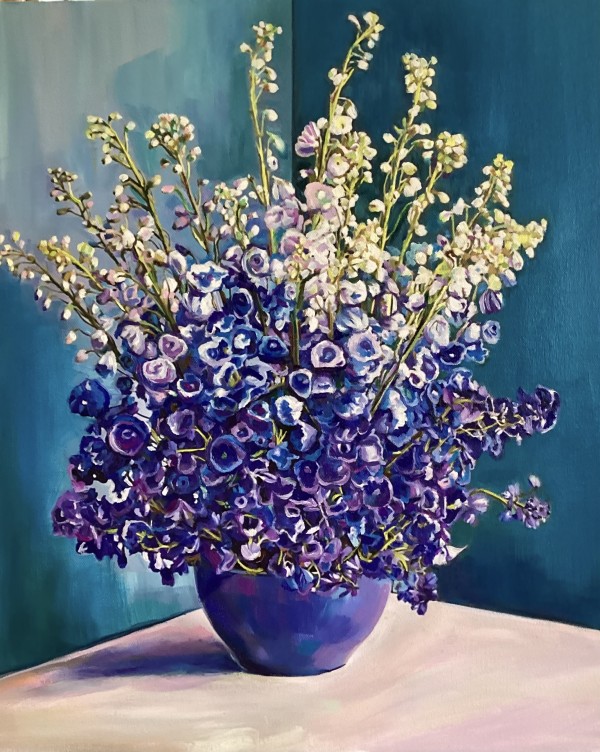 Delphiniums in a Blue Vase by Donna Porter